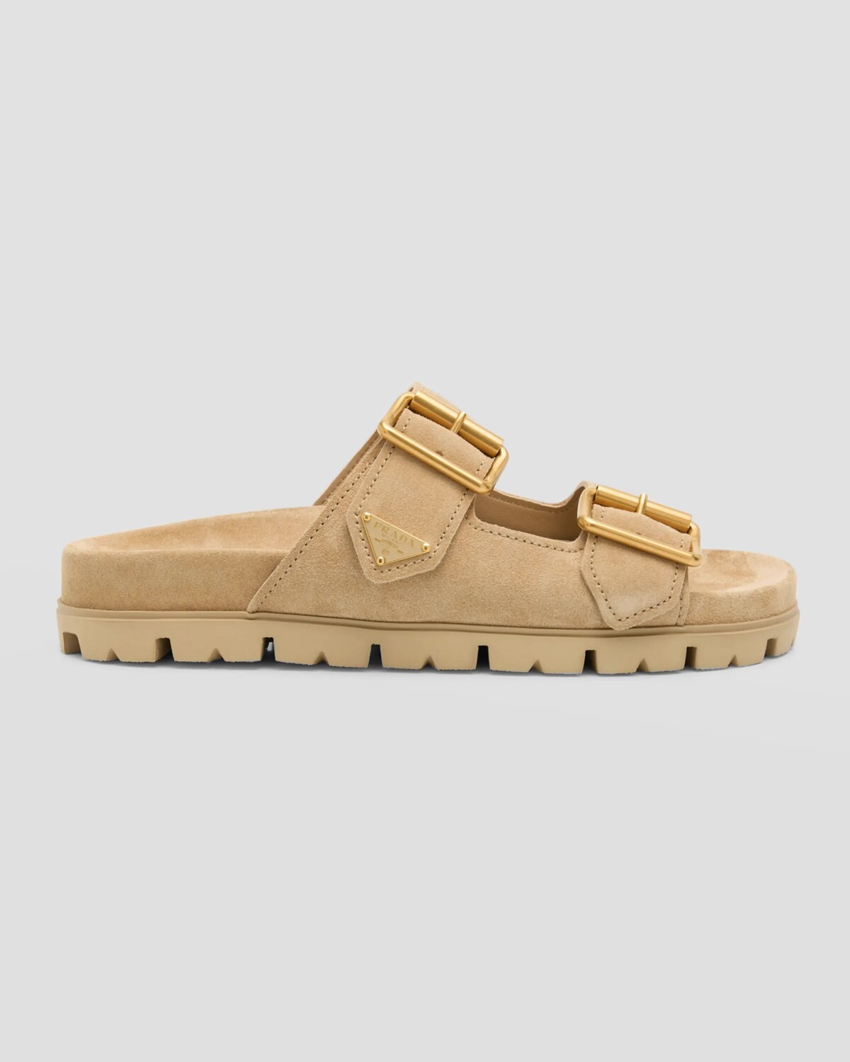 Замшевые шлепанцы с двойной пряжкой Prada, цвет Ecru