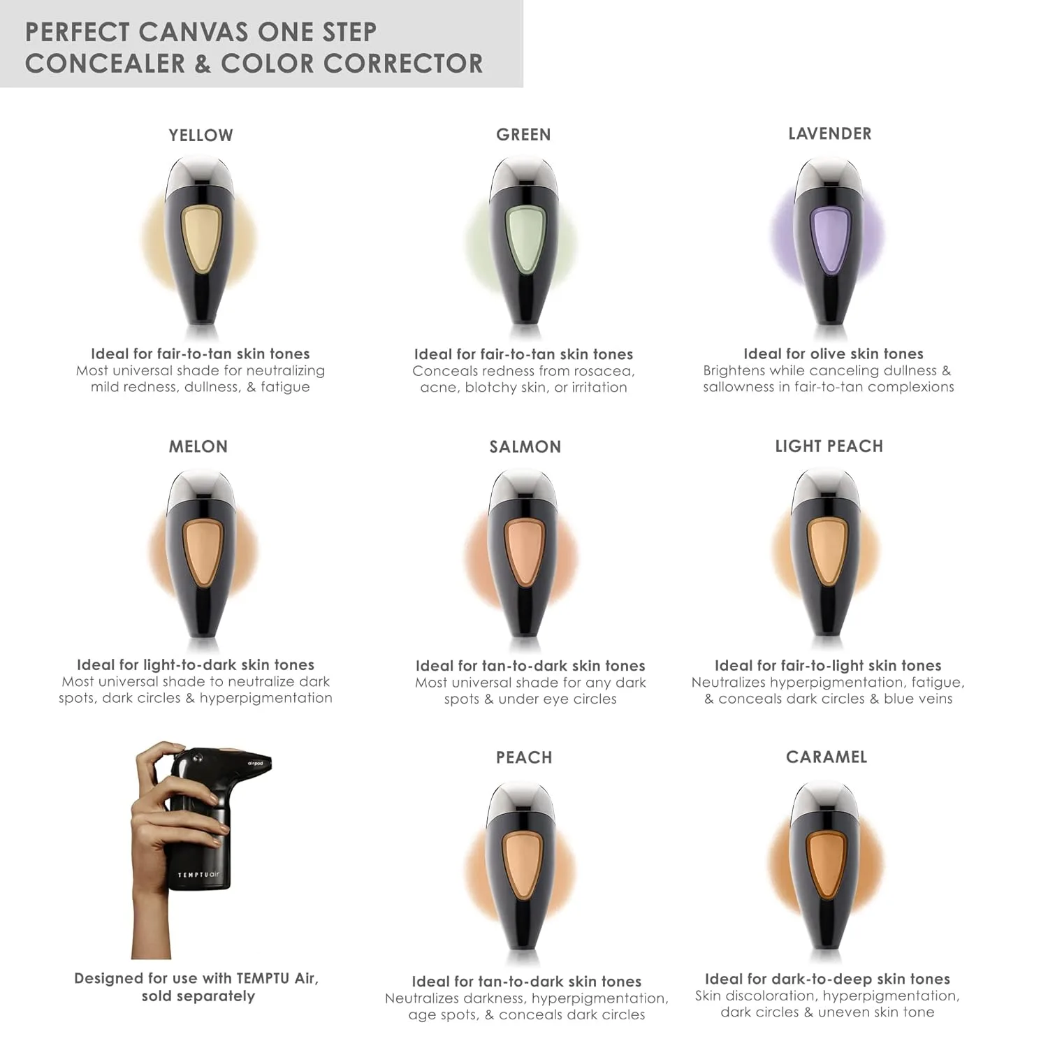 TEMPTU Perfect Canvas Airbrush One Step Concealer & Color Corrector Airpod: Стойкий, высокоэффективный корректор цвета для маскировки пигментных пятен | 7 оттенков, Light Peach — фото 3