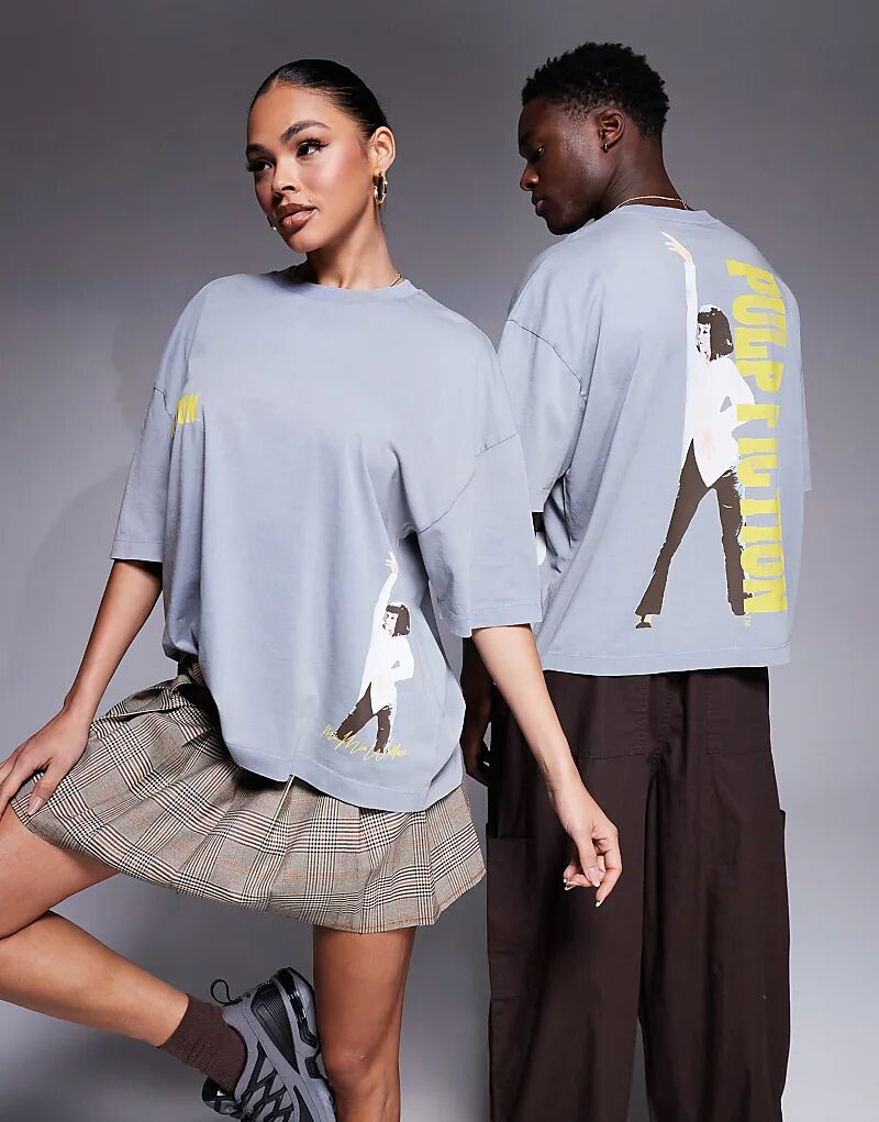 

Футболка свободного кроя унисекс ASOS DESIGN oversize с принтом «Криминальное чтиво» серого цвета