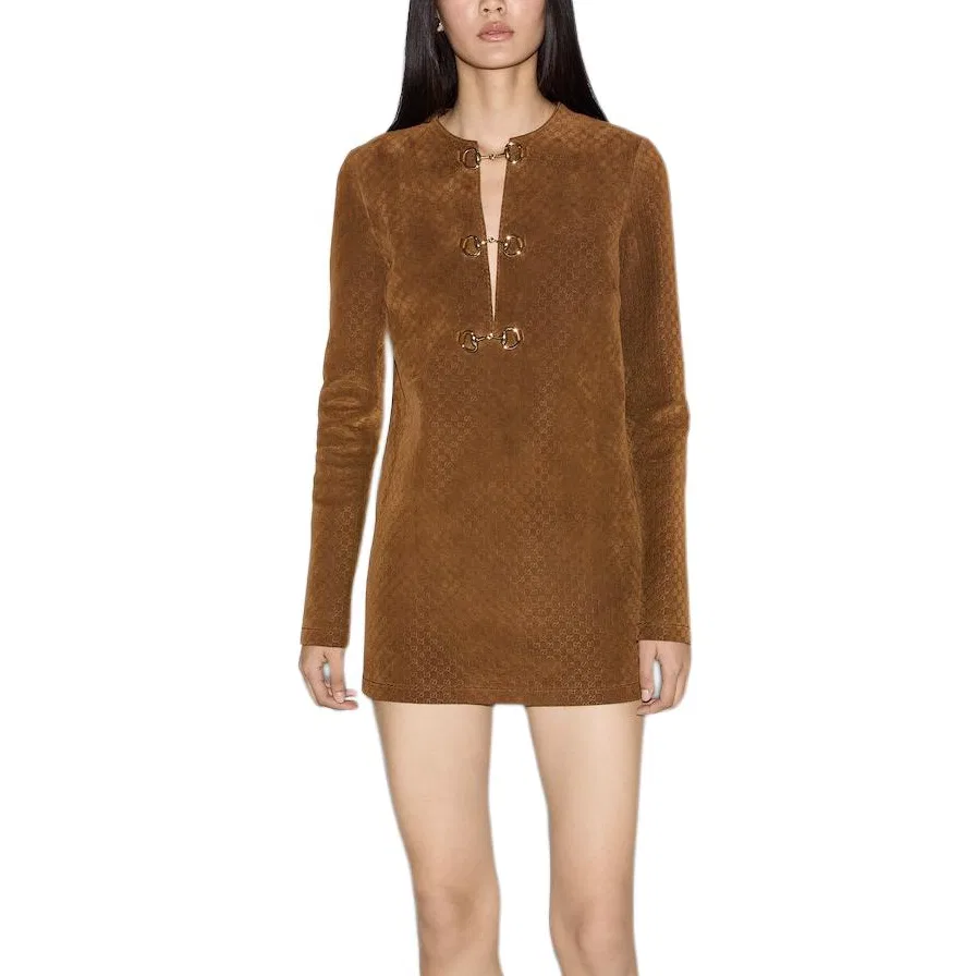 Мини-платье GUCCI с монограммой и деталью Horsebit, с монограммой, Umber — фото 3