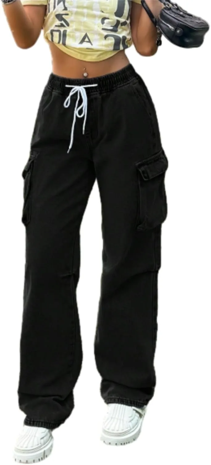 

Женские джинсы-карго с эластичным поясом и широкими штанинами WGXWGX