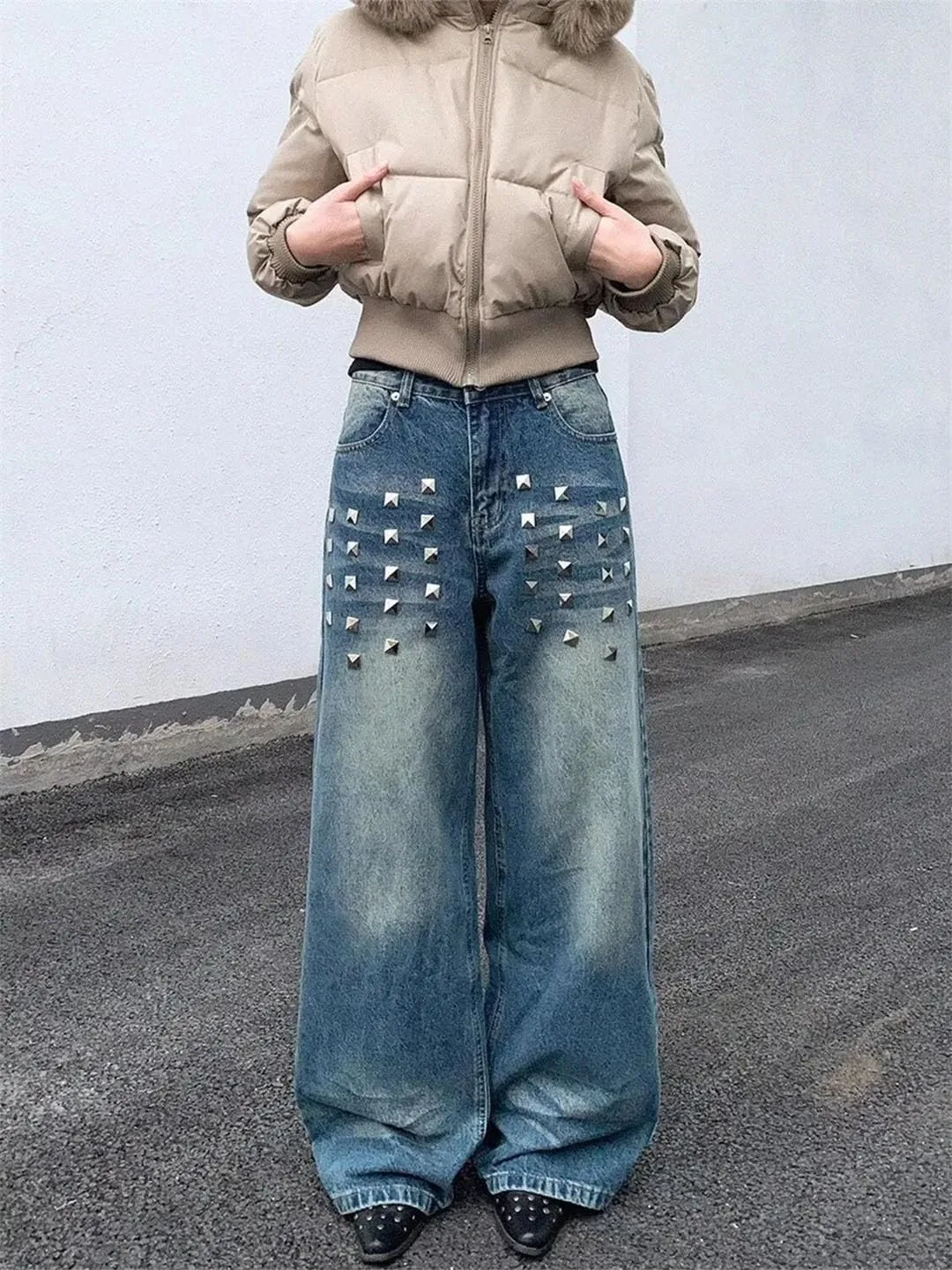 Женские джинсы American Retro Rivet с эффектом потертости, высокая талия, широкие брюки — фото 2