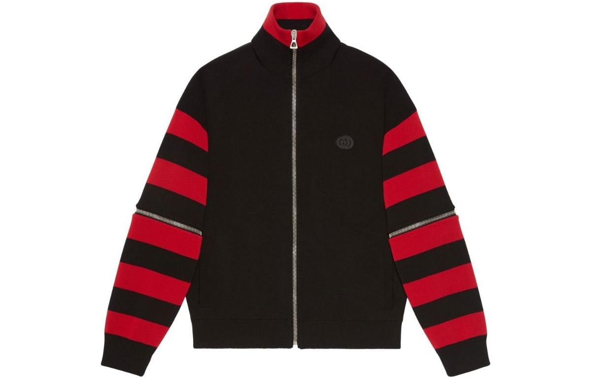 GUCCI Хлопковая куртка-бомбер с полосатыми рукавами, Black Red — фото 3