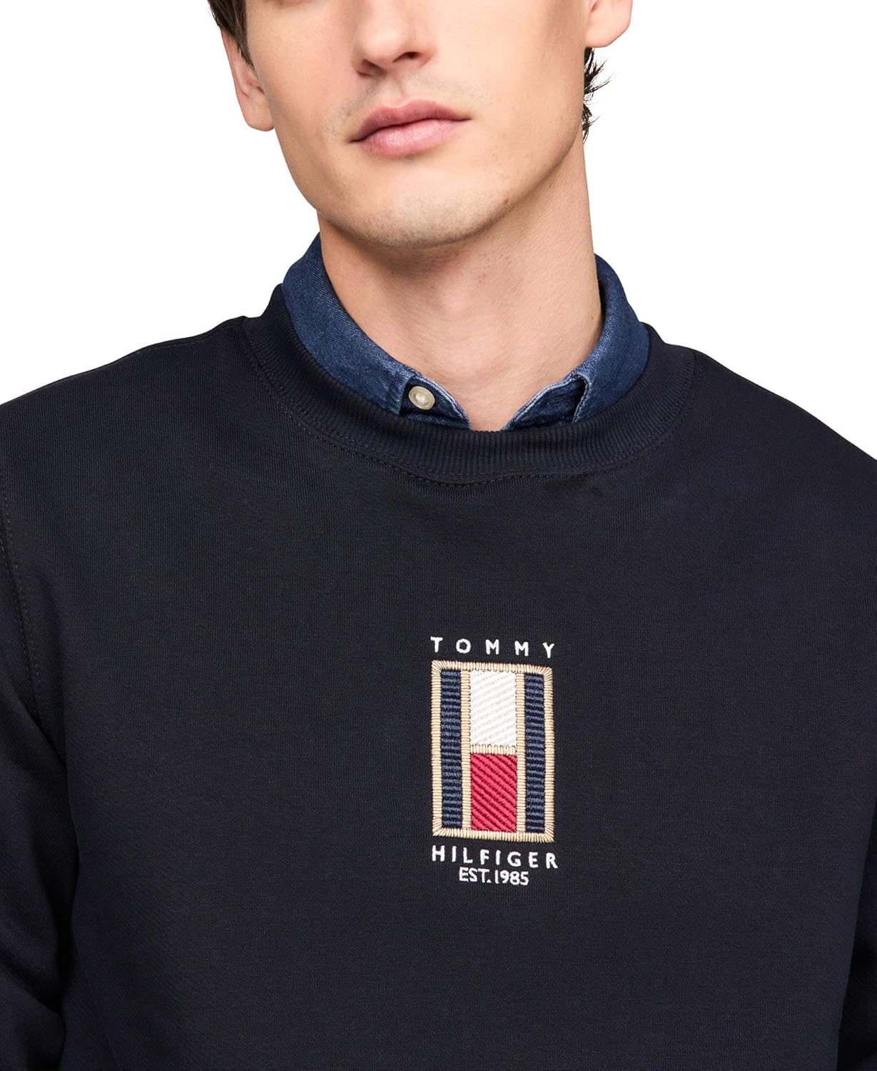 Мужская толстовка Tommy Hilfiger средней плотности с круглым вырезом и вышитым вертикальным логотипом-флажком, Desert Sky — фото 2