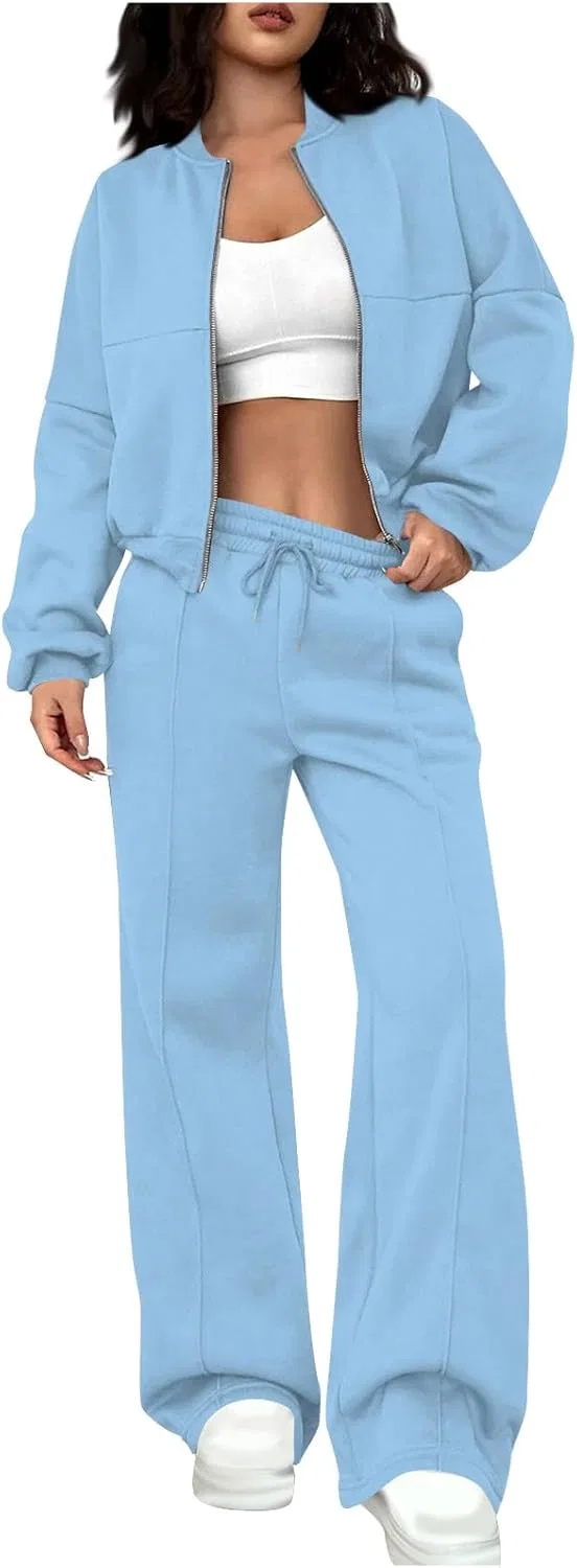Женский спортивный костюм с молнией и свободными штанами, A#01 Sky Blue