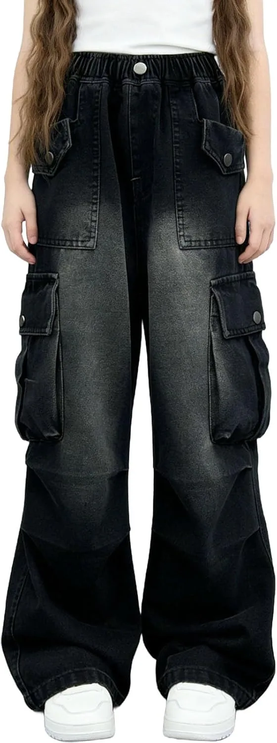 

Девчачьи широкие карго джинсы с эластичным поясом