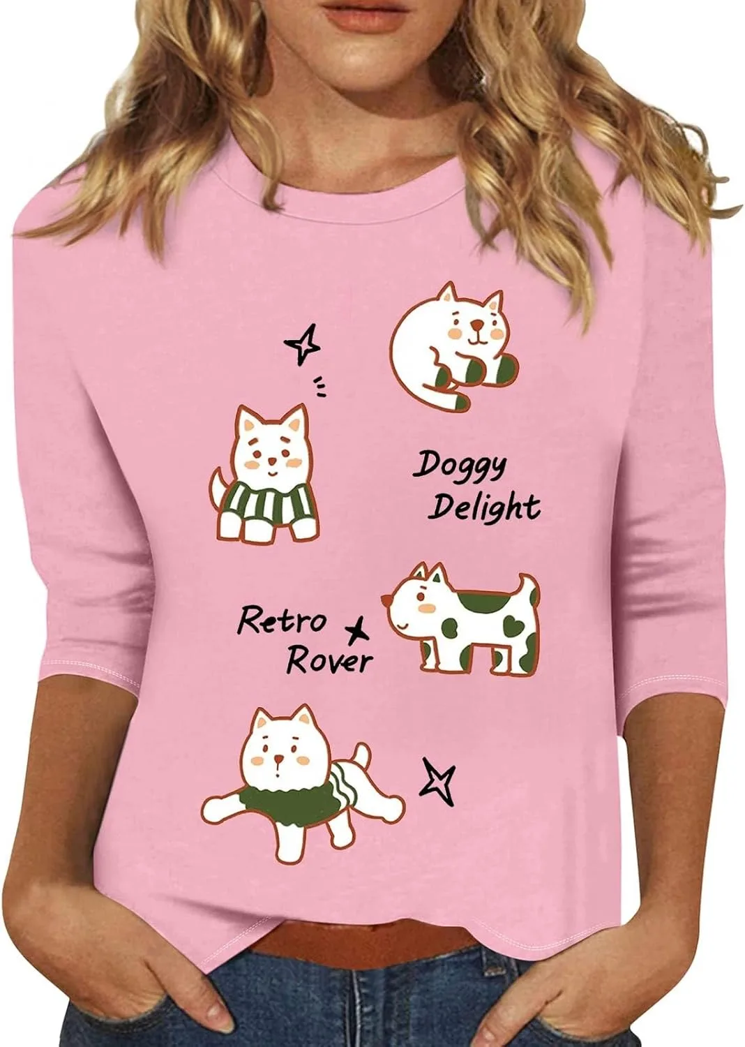 

Летний топ для женщин Cute Crewneck с 2D принтом, Casual, свободный, с 3/4 рукавом Kvsozwuty