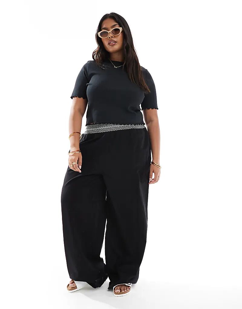

Широкие брюки ASOS DESIGN Curve из льняного материала с присборенной талией, черного цвета с кремовым оттенком
