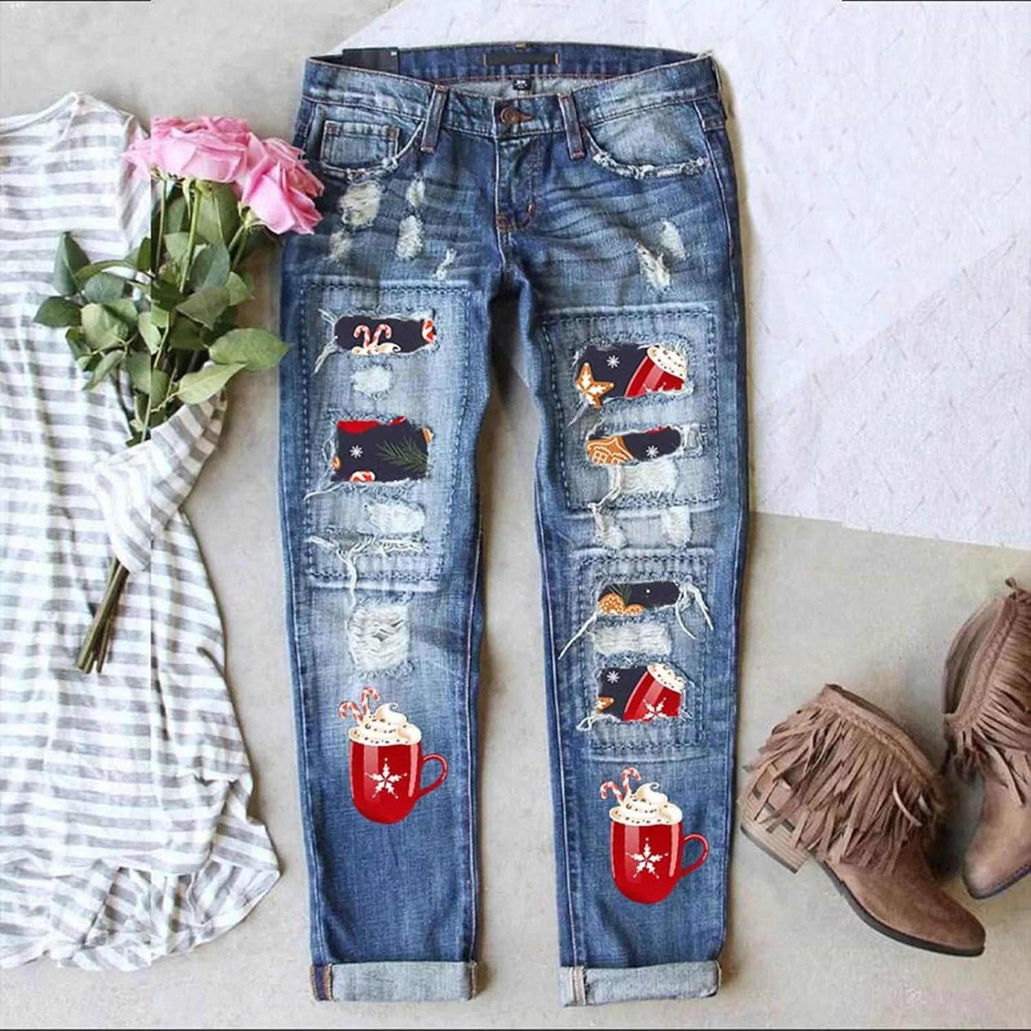Джинсы рваные boyfriend, Patchwork, Blue-b — фото 2