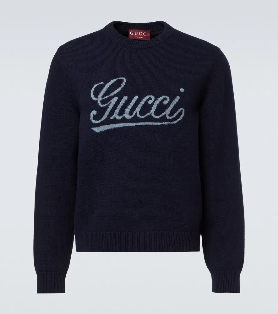 Свитер Gucci шерстяной с логотипом, круглый воротник, синий