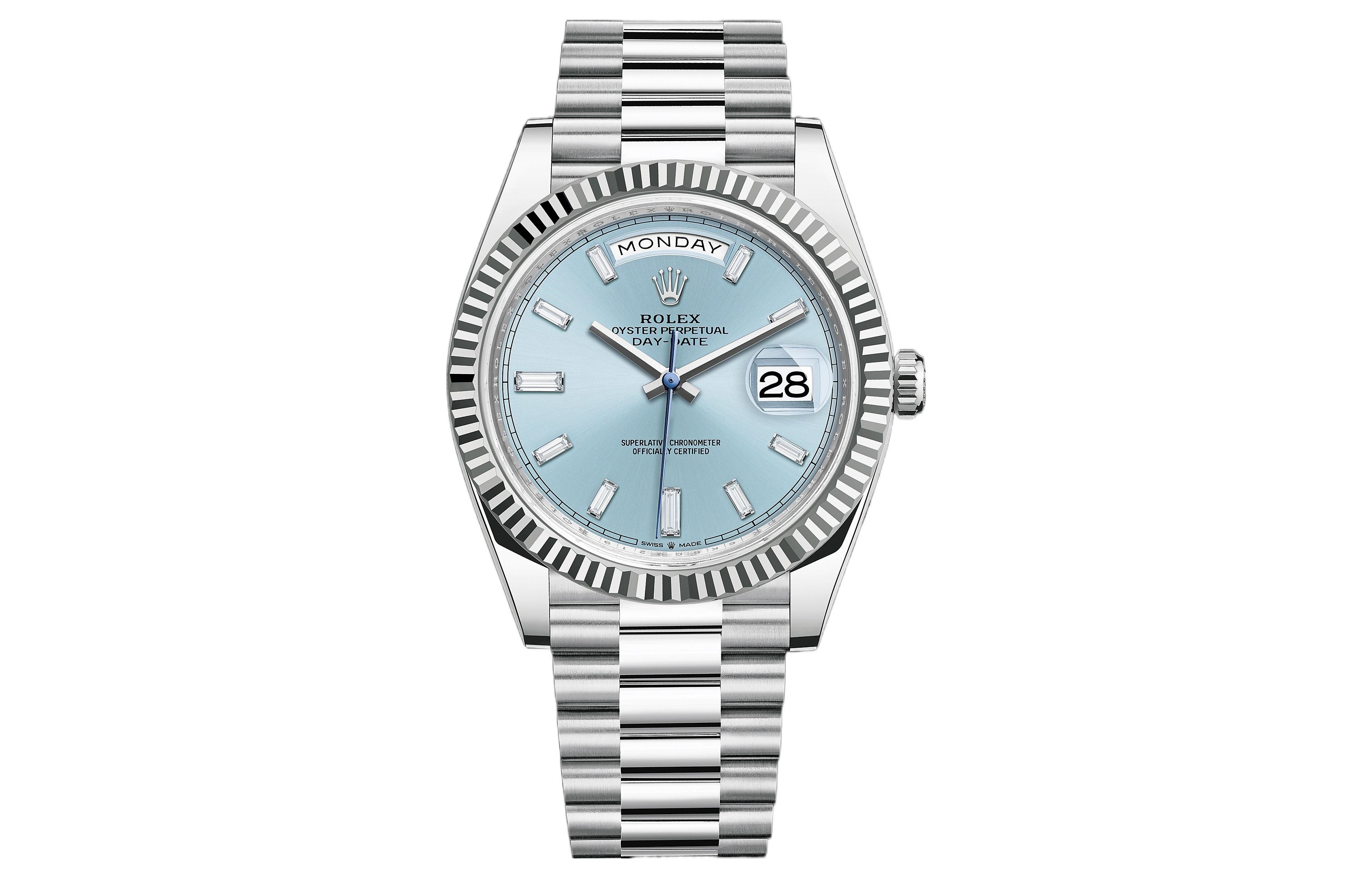 

ROLEX Часы с автоматическим механизмом, календарем и недельным механизмом, синим циферблатом, платиновым корпусом и платиновым ремешком