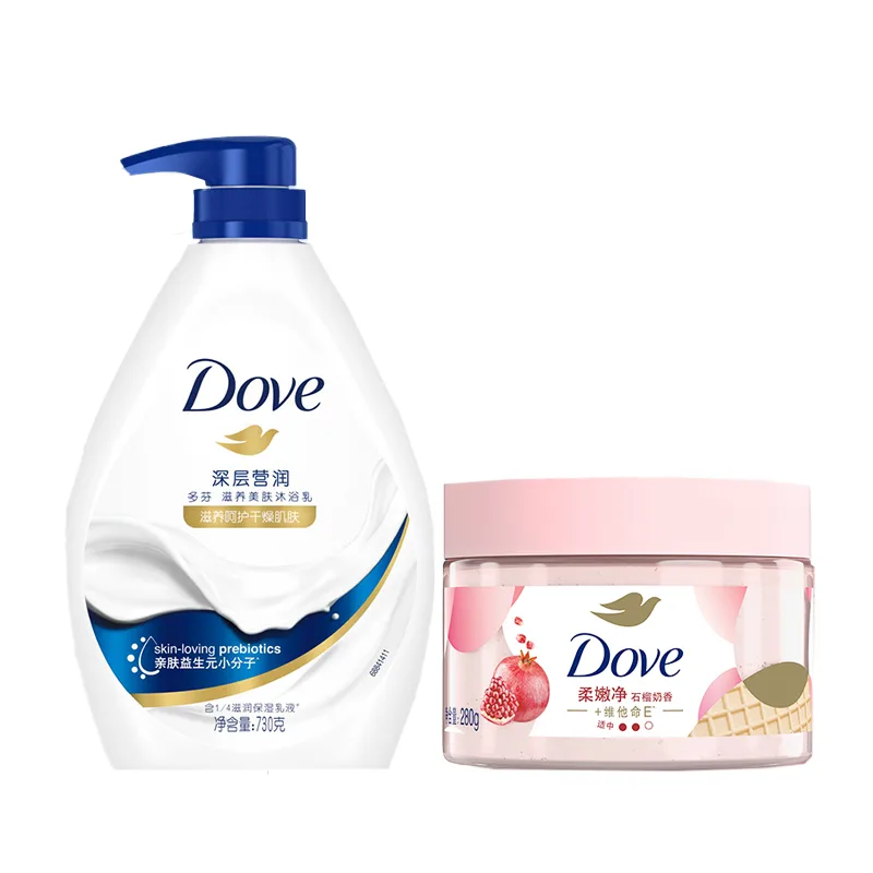 Dove Набор гелей для душа глубокого увлажнения с ароматическими эффектами 730 г+280 г, Two-Piece Set: 730g Milk Shower Gel+280g Pomegranate Milk Scrub