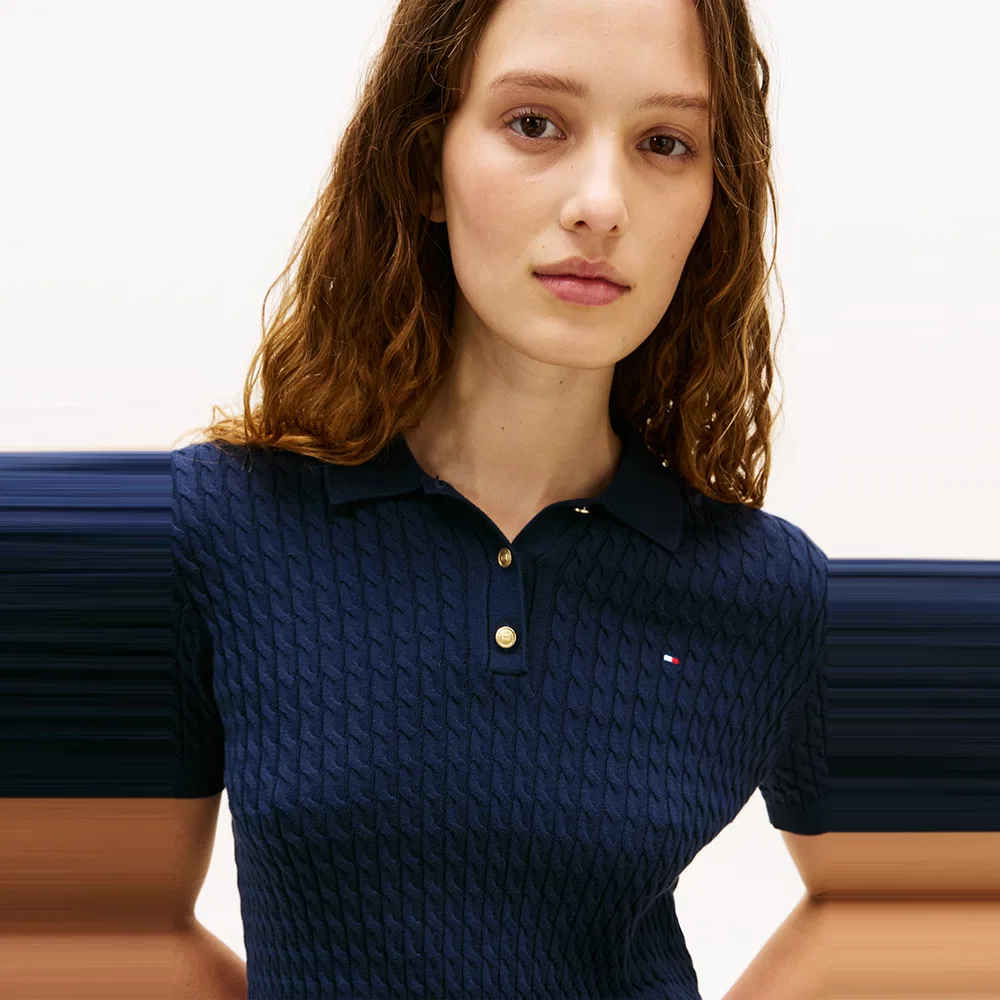 Женский хлопковый свитер-поло с косами тёмно-синий от Tommy Hilfiger Women — фото 4