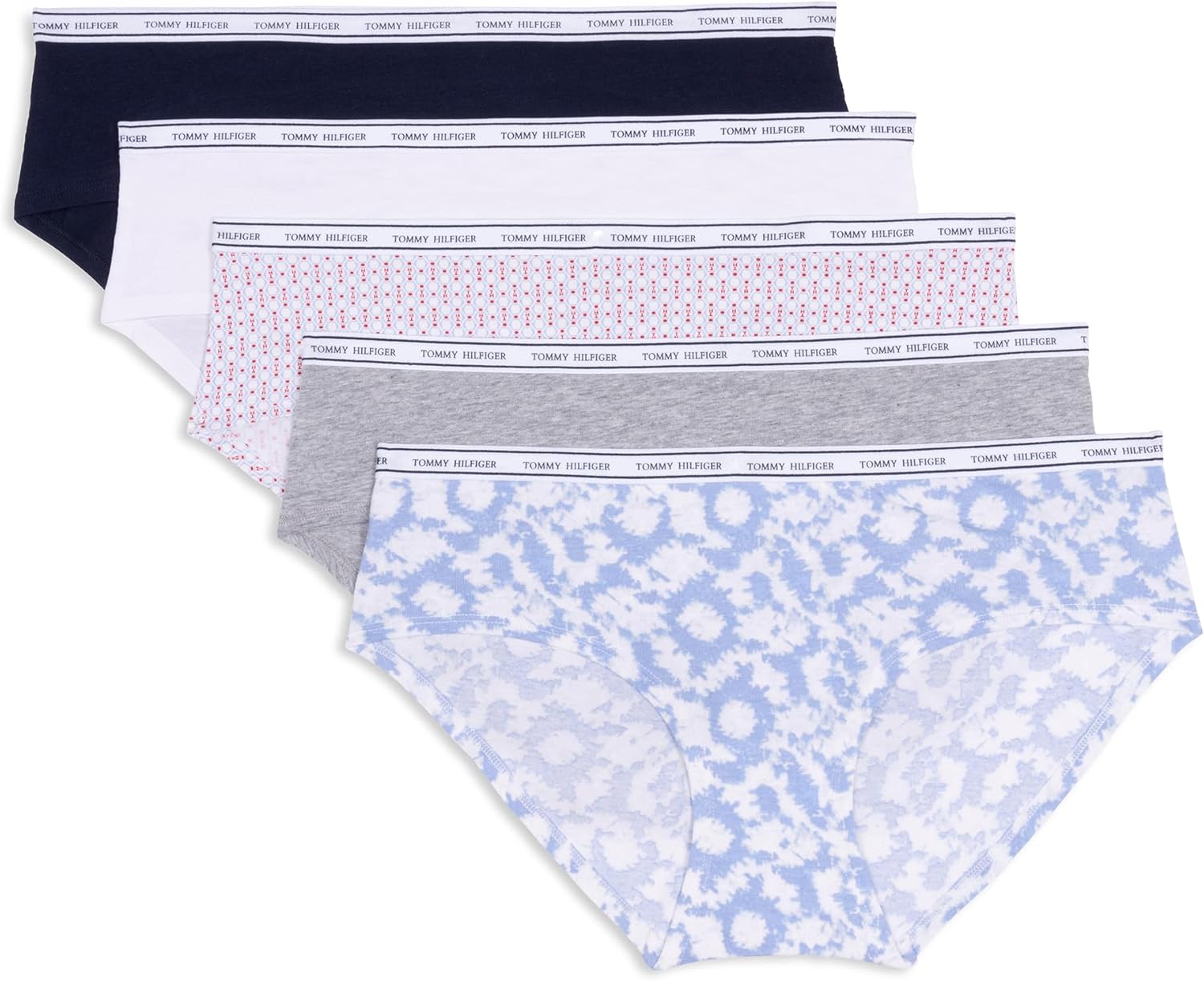 

Женские классические хлопковые трусы-хипстеры Tommy Hilfiger с логотипом на поясе, упаковка 5 пар, Round Tie Dye Brunerra Blue/Heather Grey/Th Stacked Geo Bright White/Bright White/Navy Blazer