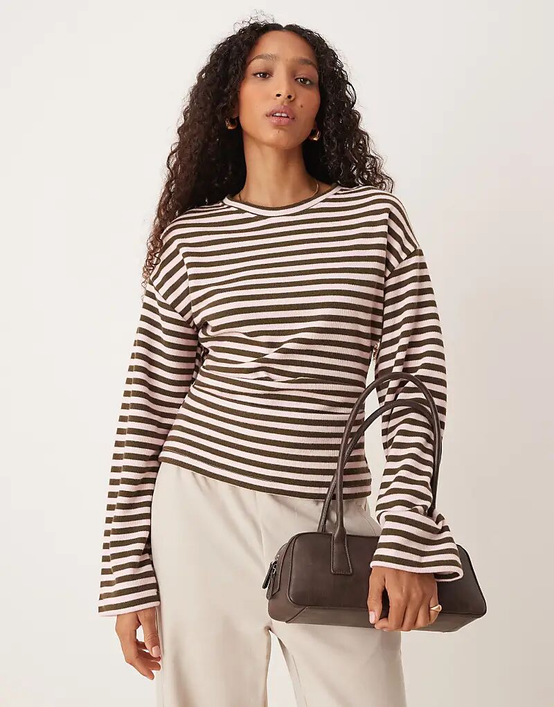 

Супермягкая футболка с длинными рукавами и корсетом ASOS DESIGN в полоску цвета хаки - KHAKI