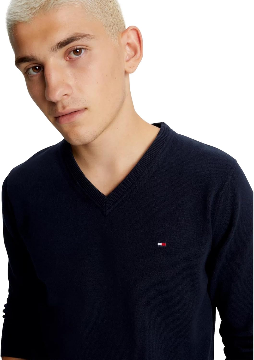 Мужской культовый хлопковый свитер с V-образным вырезом TOMMY HILFIGER из коллекции 2025 года, Navy. — фото 3