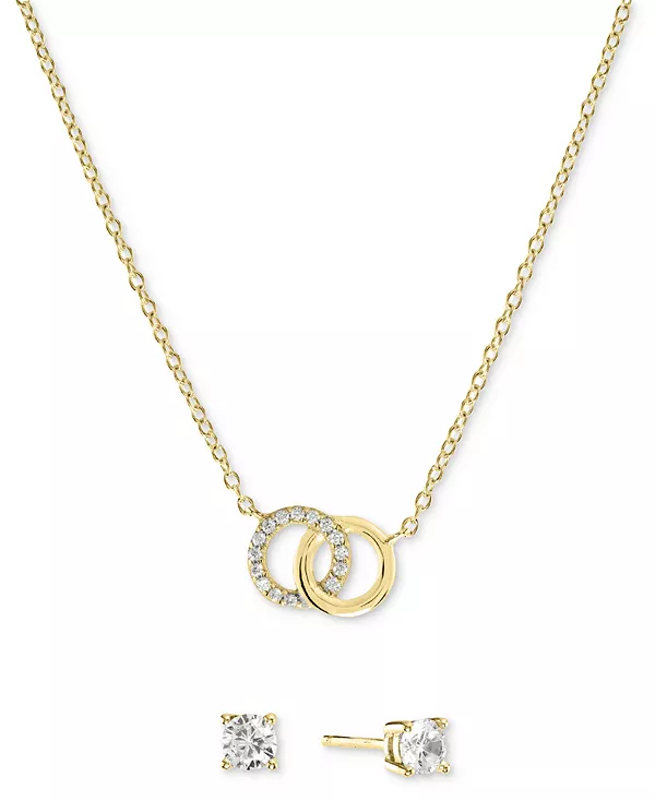 

Комплект из двух переплетающихся колец с кубическим цирконием и серег-гвоздиков с одинарным камнем из стерлингового серебра (также доступен из 14-каратного золота поверх стерлингового серебра) Macy'S, gold