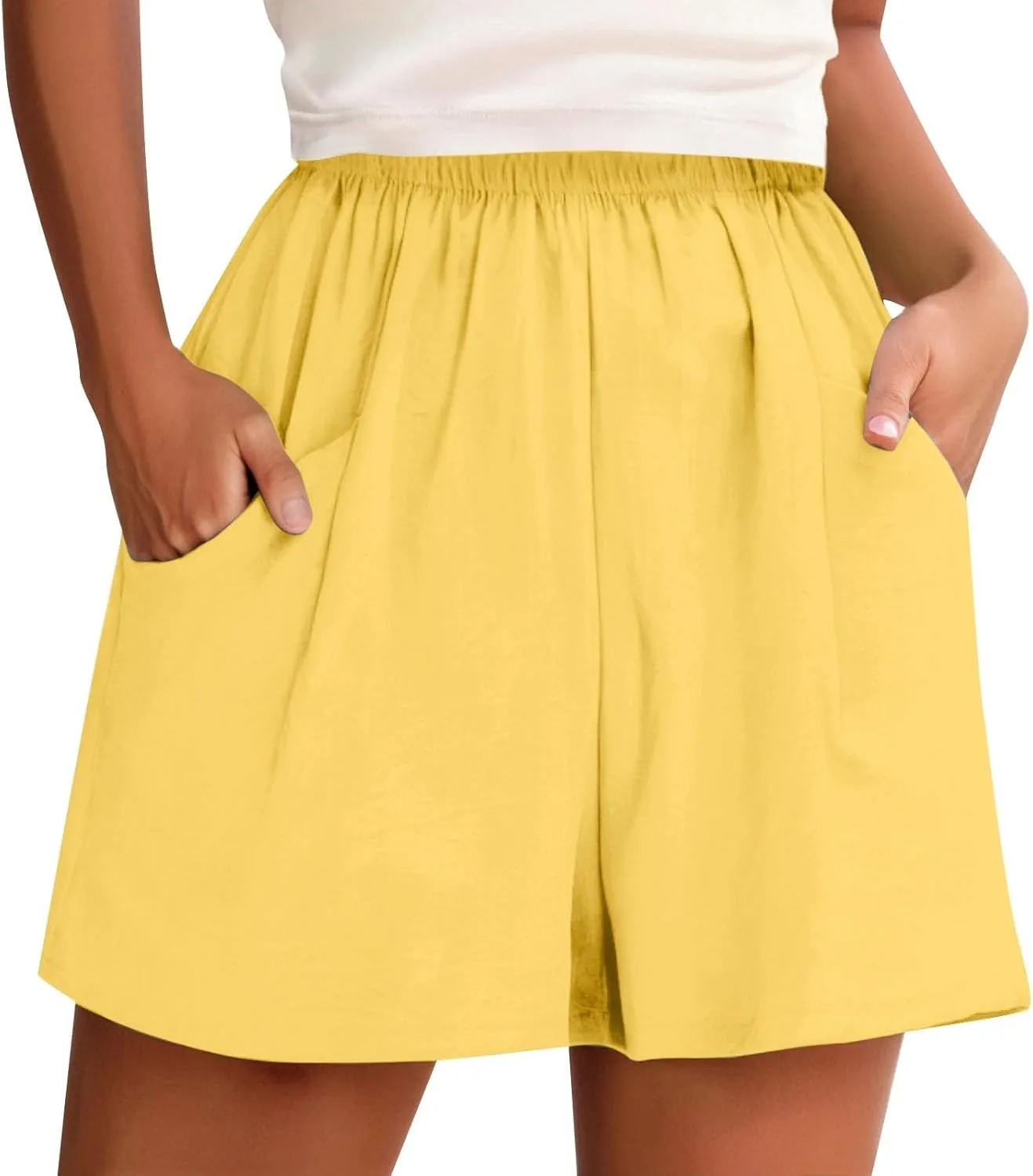 Льняные шорты для женщин Summer Casual Workout Elastic High Waisted Gauze Wide Leg Lounge с карманами