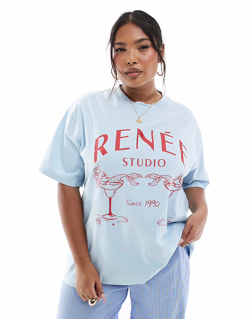 

Эксклюзивная футболка Renee Studio Plus с принтом русалки и мартини синего цвета