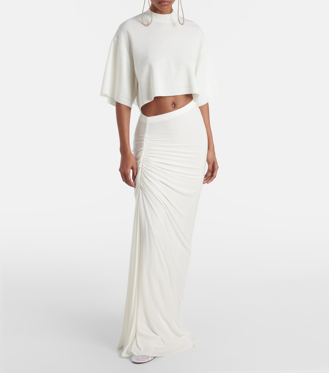 Укороченная футболка из смеси хлопка и шерсти Alaïa, Blanc — фото 2