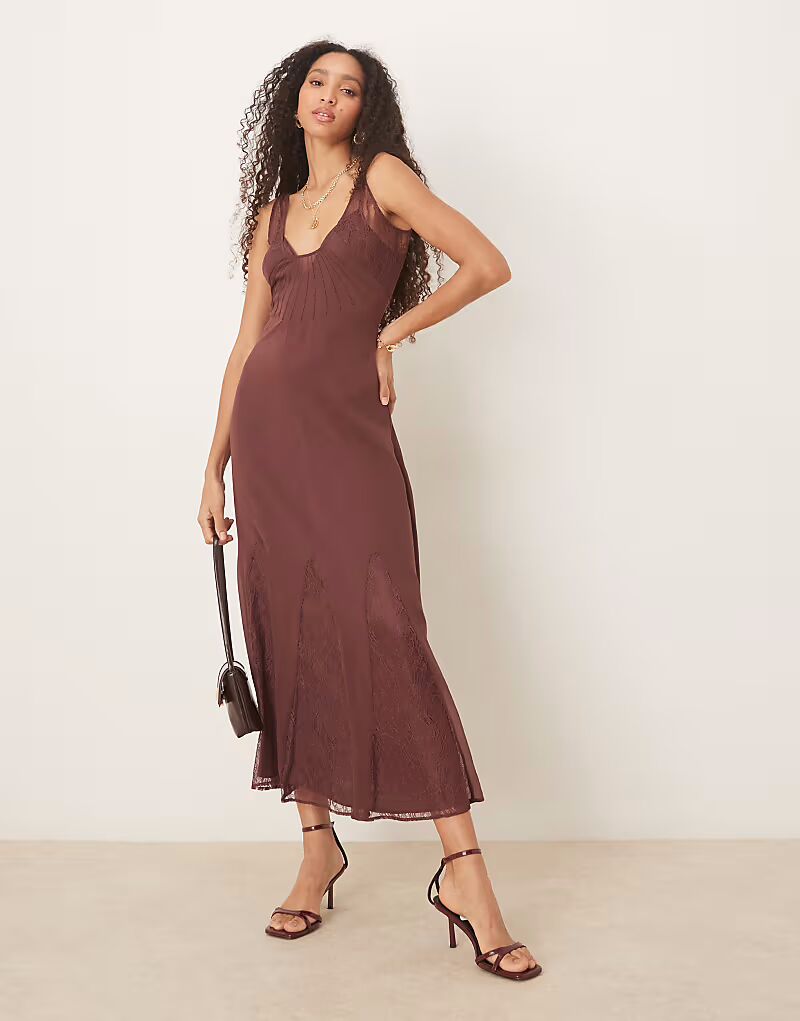 

Платье миди из кружева и шифона ASOS DESIGN с вырезами-годе шоколадно-коричневого цвета