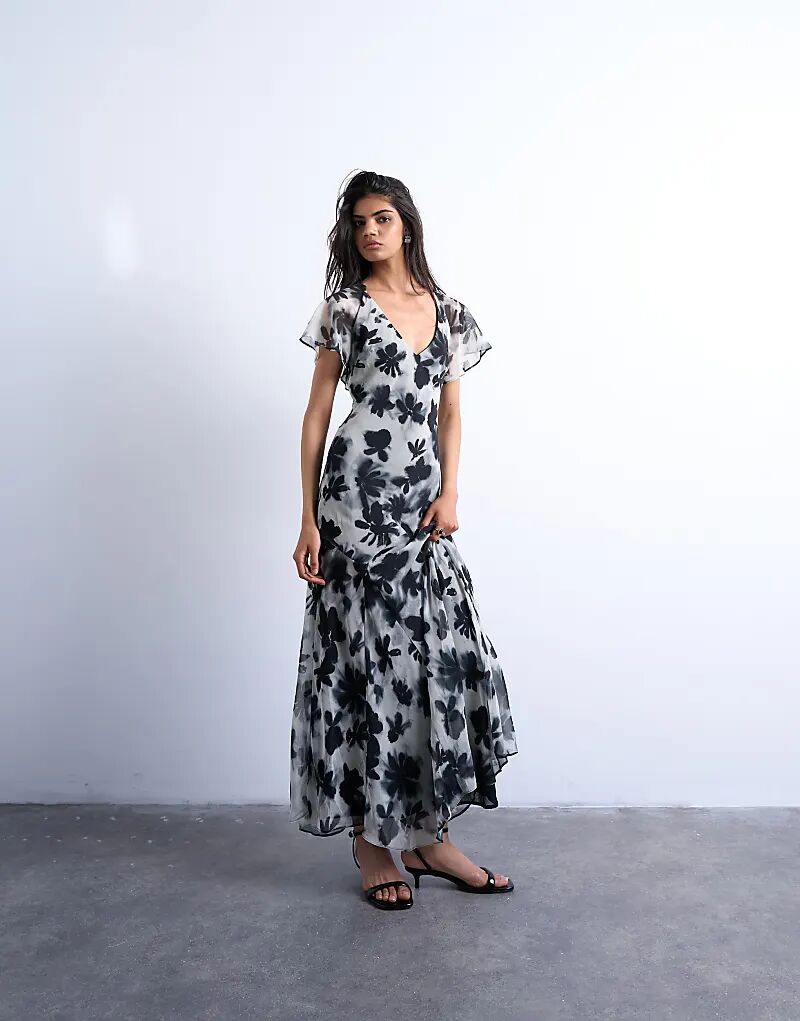 

Платье миди Topshop с рукавами-крылышками и подолом годе в монохромном стиле