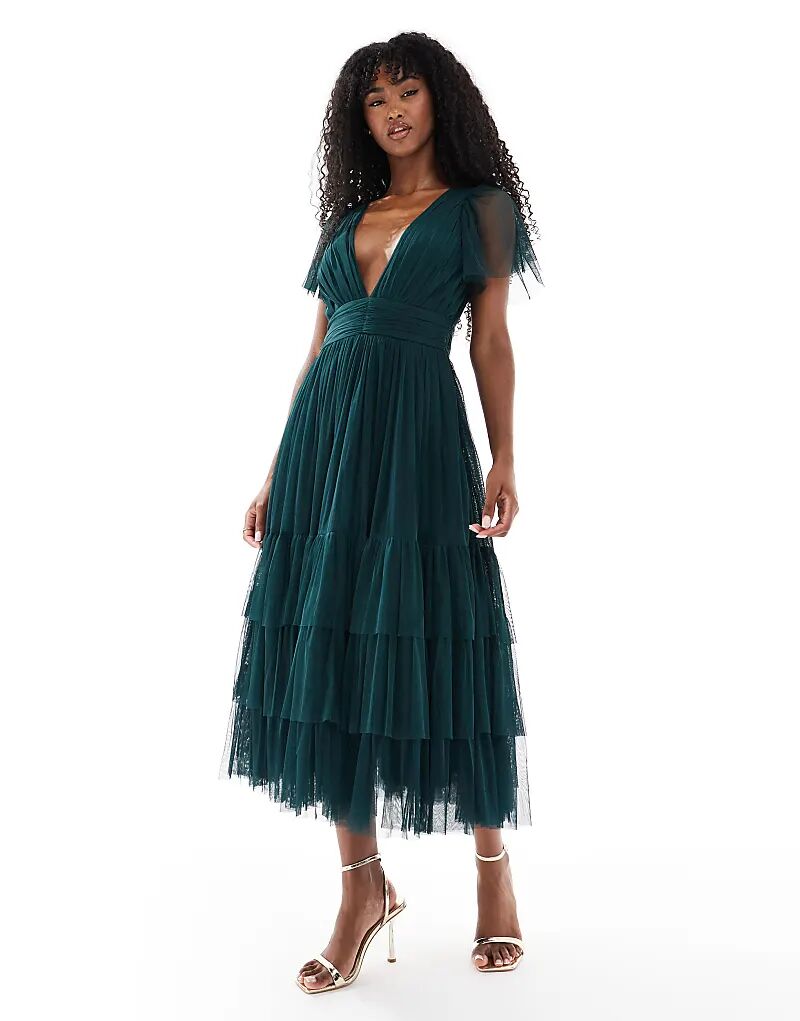 

Платье миди подружки невесты Мэдисон с кружевом и бисером в цвете лесной зелени