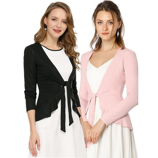 

2 упаковки женского кардигана с длинными рукавами, завязкой спереди и металлизированными рюшами Allegra K, Black Pink