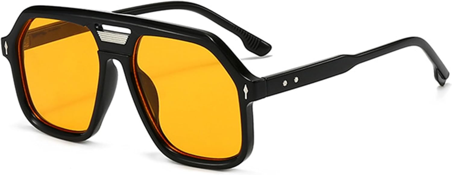 

bullabulling Ретро-солнцезащитные очки-пилот с двойной перемычкой, квадратные, для женщин и мужчин, в стиле 70-х, винтажные, с защитой от УФ-излучения UV400, Black Yellow