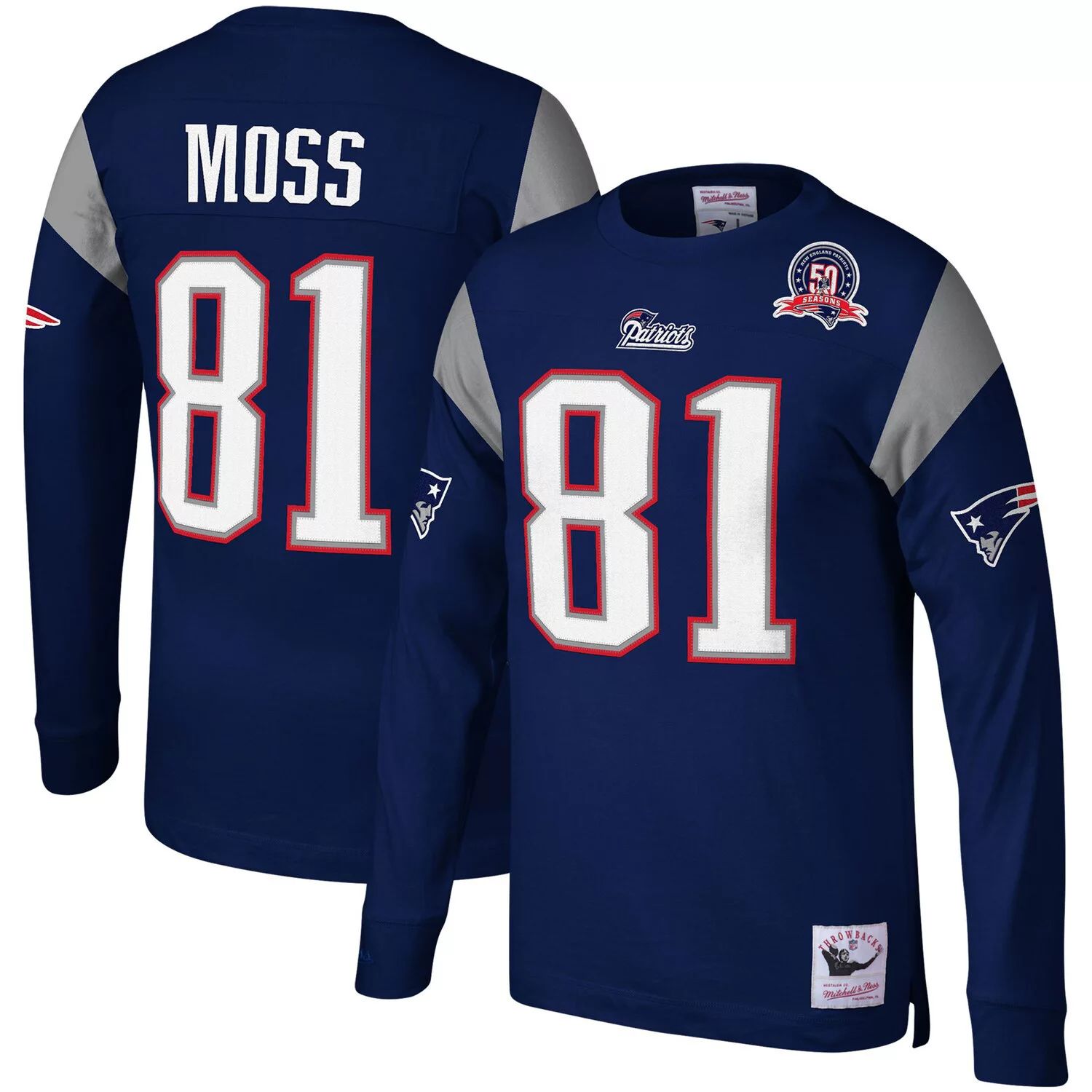 

Мужская футболка Mitchell & Ness Randy Moss Navy New England Patriots 2009 с именем и номером игрока, вышедшего на пенсию, с длинным рукавом