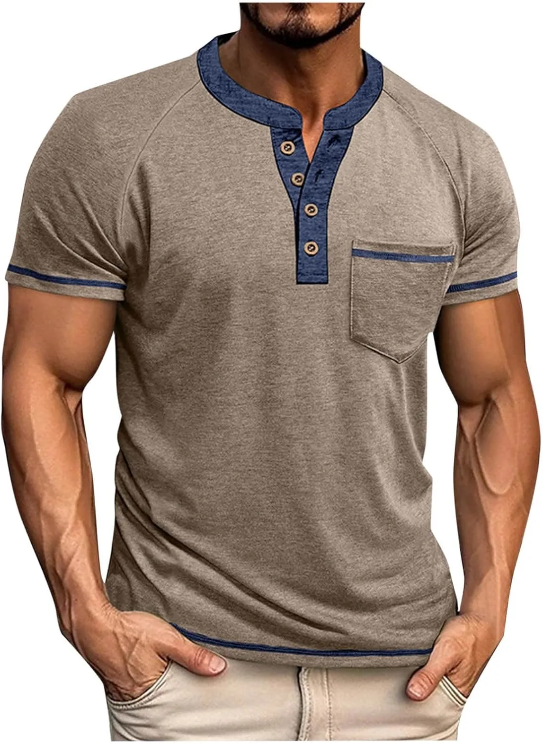 

Мужская футболка Henley с коротким рукавом Raglan и карманом