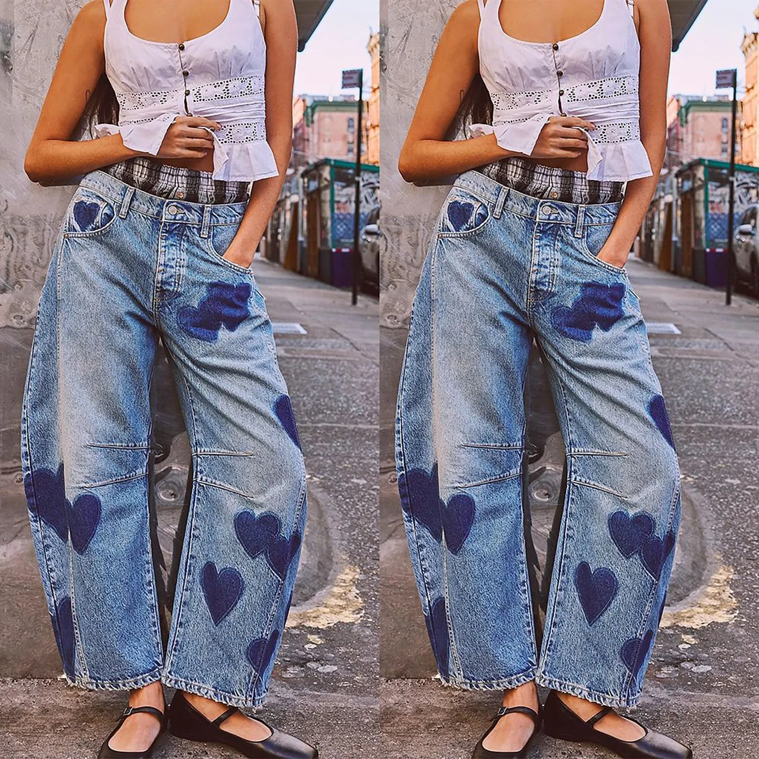 Женские джинсы Barrel Y2k mid rise baggy wide leg boho floral printed boyfriend с карманами — фото 3