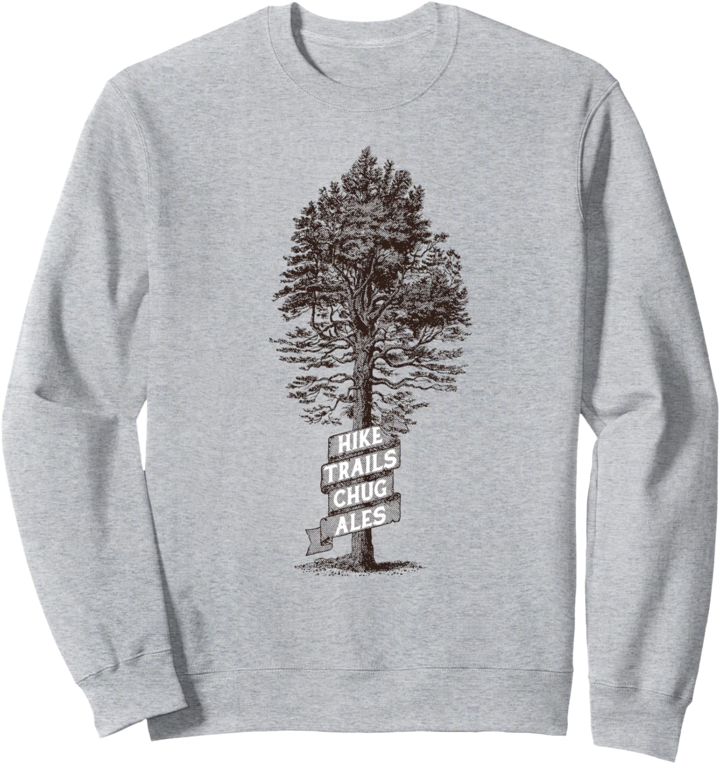 

Толстовка с винтажным рисунком дерева и забавным принтом на тему походов и пеших прогулок. Hike Trails Chug Ales Giant Step Design Co., серый