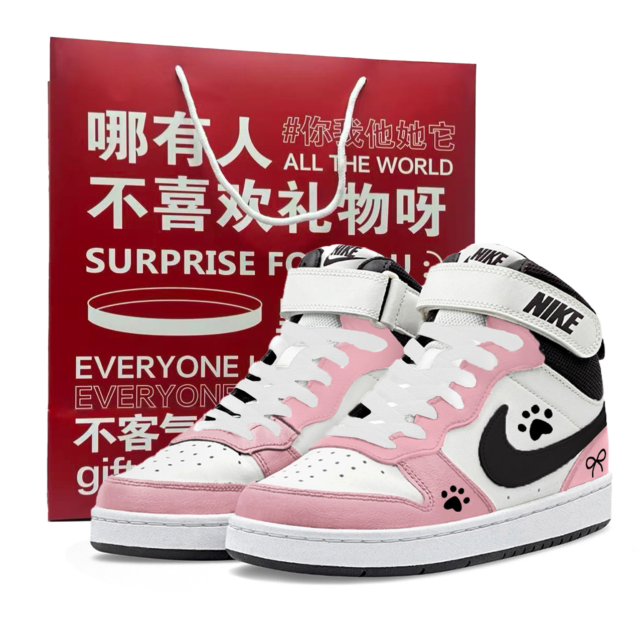 Nike Court Borough 2 Sweet Pink Cat Paw Slip Resistant Abrasion Resistant High top Kids' Skateboarding Shoes Black Pink — фото 3