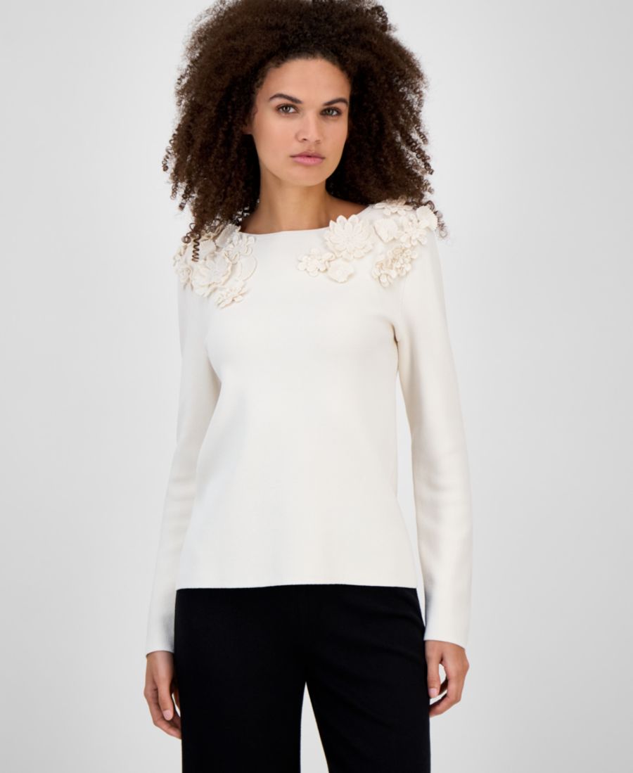 

Женский свитер с объемным цветочным принтом и вырезом-лодочкой, размеры P/XXS-XXL Anne Klein, White Dove
