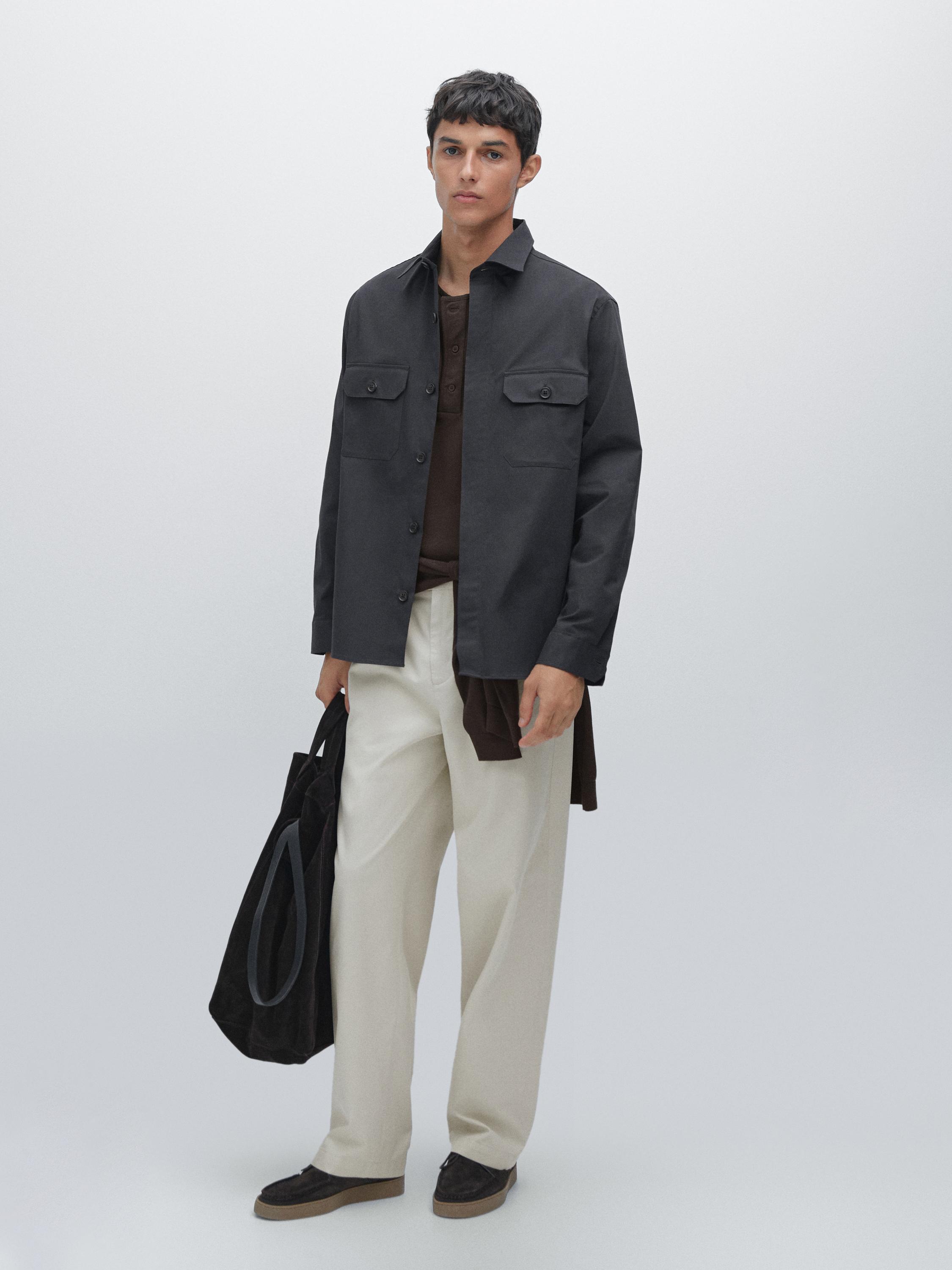 

Верхняя рубашка из хлопковой смесовой ткани с карманами Massimo Dutti, темно-синий