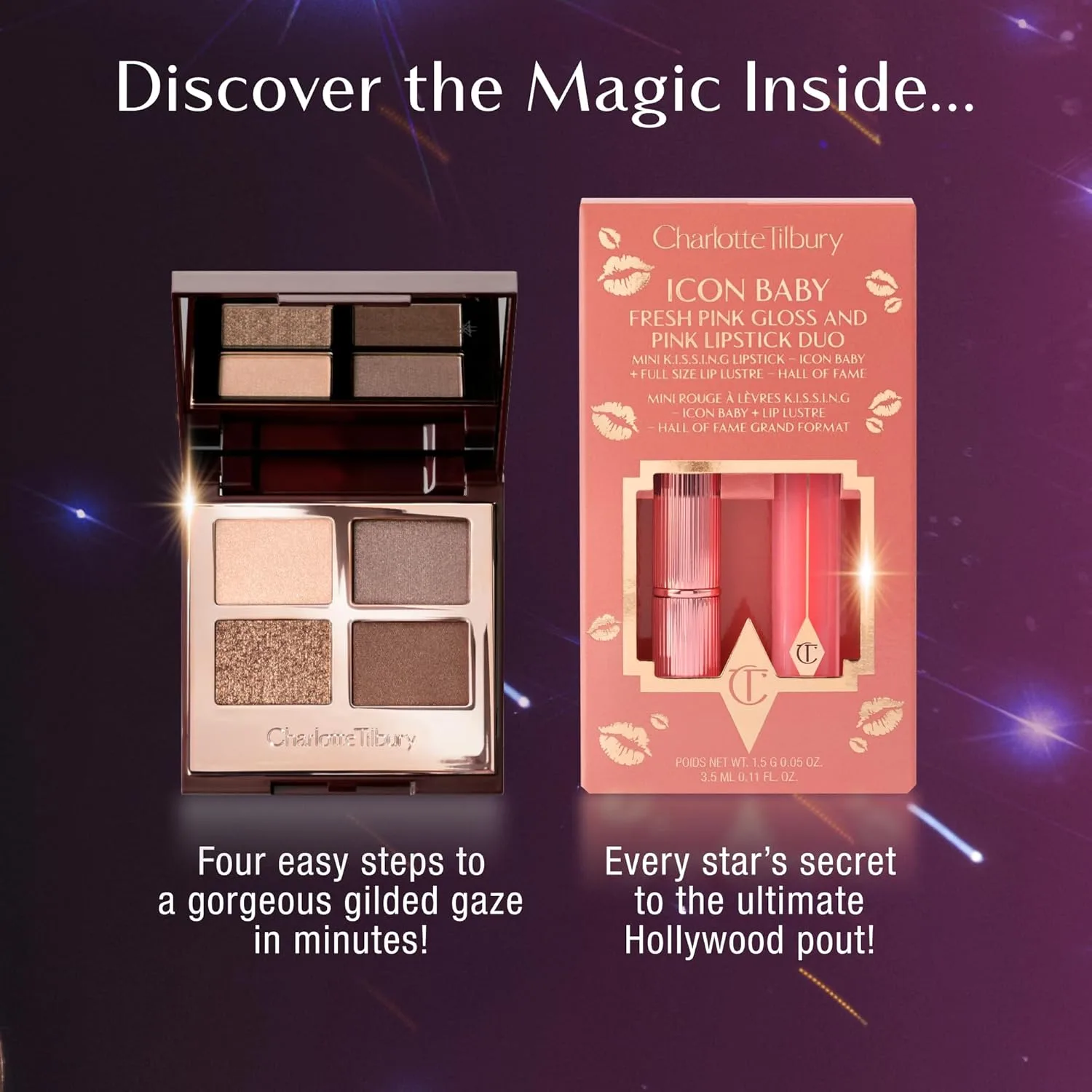 Набор Charlotte Tilbury Holiday Beauty - полноразмерные Charlotte's Magic Cream и Magic Serum, тени Golden Goddess Eyeshadow Quad и помада Icon Baby Lip Duo - полная коллекция для ухода и макияжа для сияния, pink — фото 3