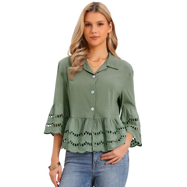 

Женская блузка с пуговицами, 3/4 рукавом-колокол, оборкой, отложным воротником и ажурной отделкой Inspire Chic