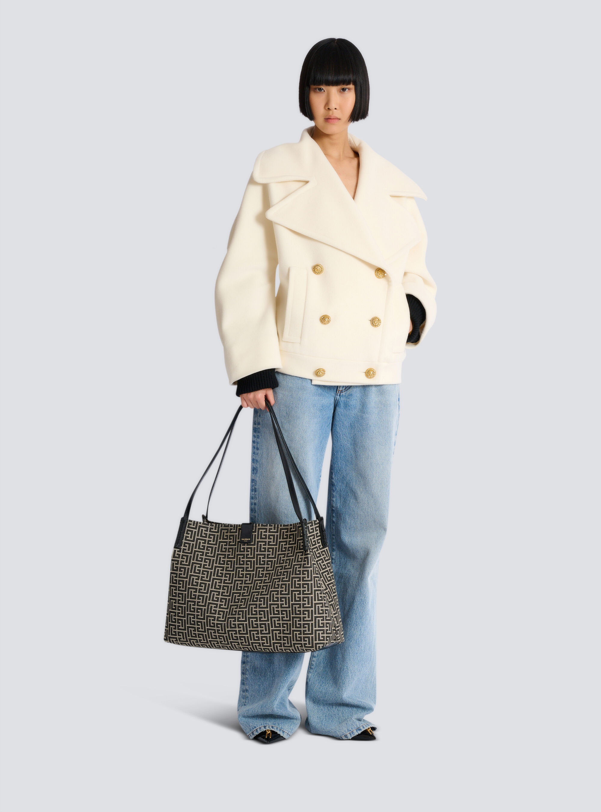 Сумка Medium Release Shopper из жаккарда с монограммой и телячьей кожи Balmain, черный — фото 2