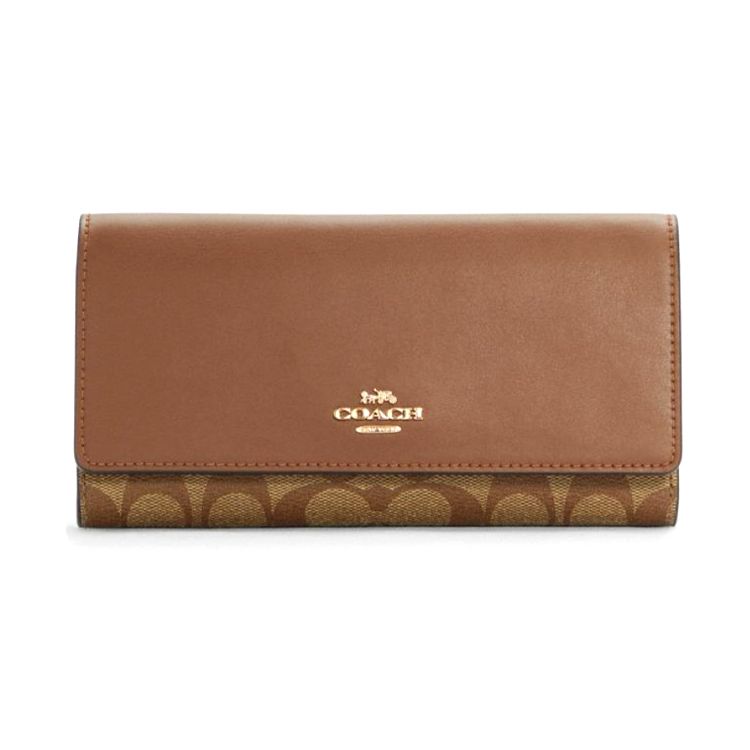 

COACH Женский кошелек-клатч из кожи и холста, тройной сгиб, коричневый