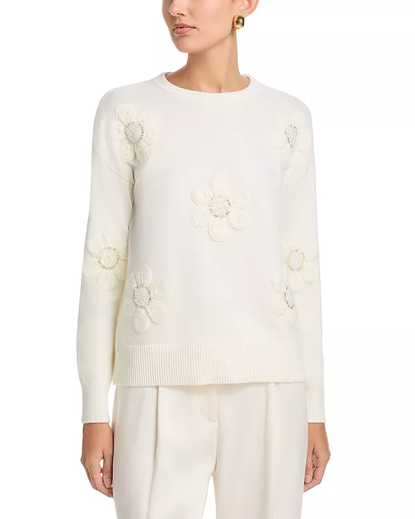 

Пуловер с длинными рукавами и цветочным принтом, круглый вырез. T Tahari, белый