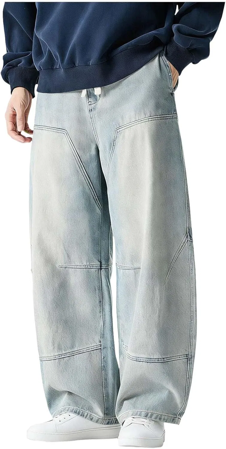 Джинсы прямые мешковатые, Light Blue, Men's Button Zipper Denim Pants
