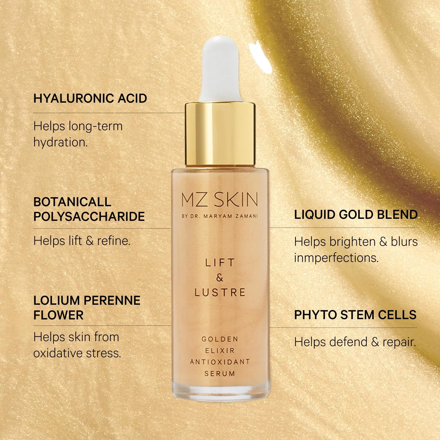 MZ SKIN Lift & Lustre Golden Elixir сыворотка 1.01 fl oz - клинически доказанное антиоксидантное средство с гиалуроновой кислотой двойного веса для глубокого увлажнения и сияния кожи, все типы кожи Mz Skin By Maryam Zamani Md, gold — фото 3