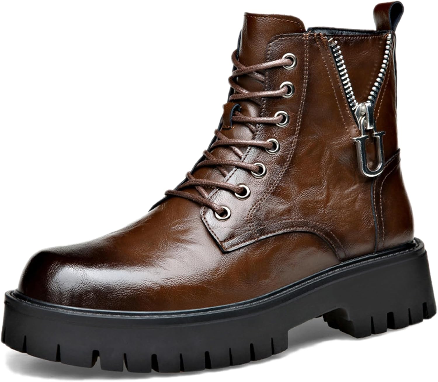 

Мужские кожаные ботинки на шнуровке с высокой платформой и молнией сбоку, зимние плюшевые, удобные, с противоскользящей подошвой, мотоциклетные, водонепроницаемые, бизнес-панк, снежные ботинки Adkgbe, коричневый
