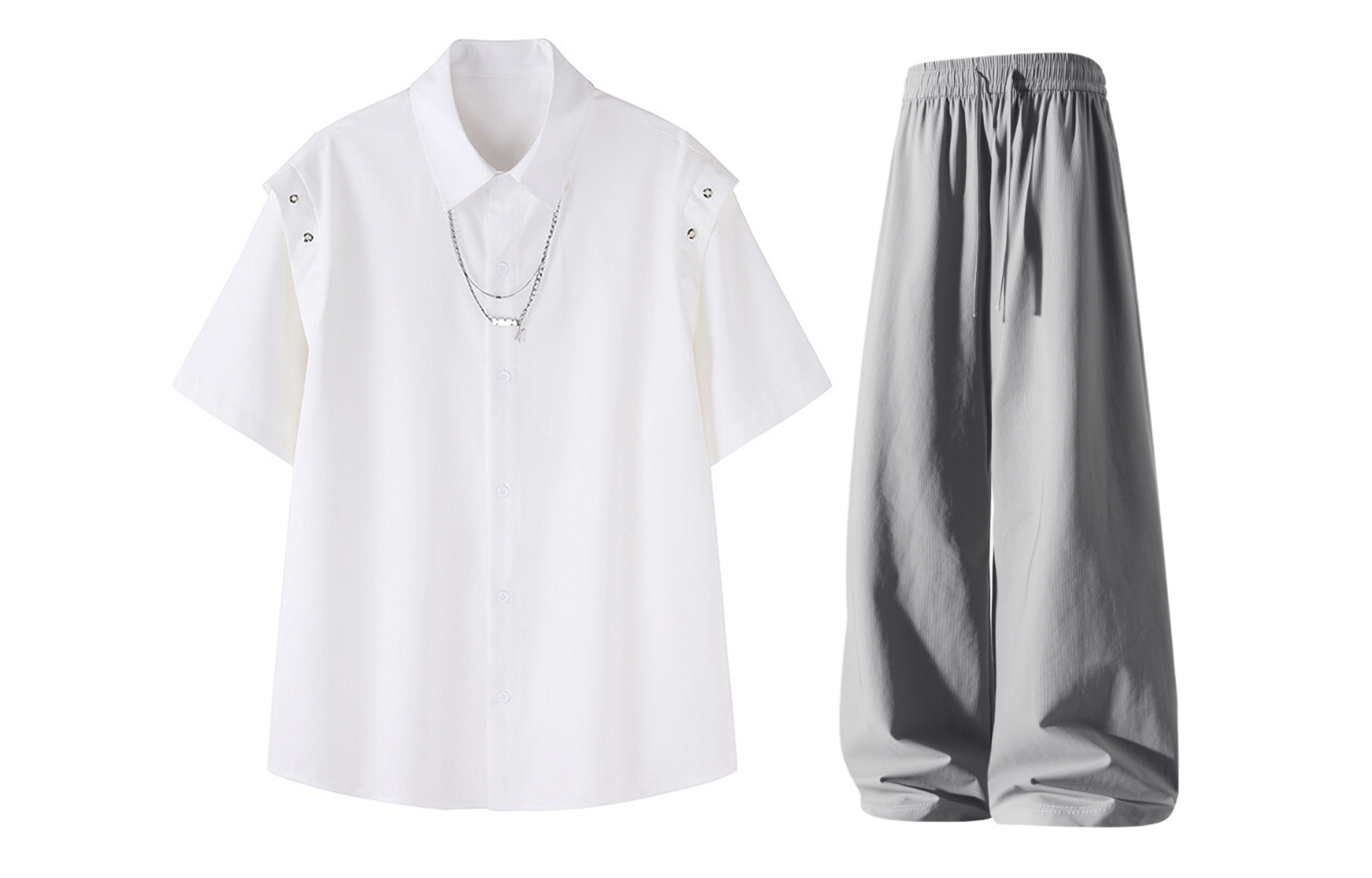 

Повседневная спортивная одежда Unisex Lapel Thin X1617, белый shirt+серый ice silk pants