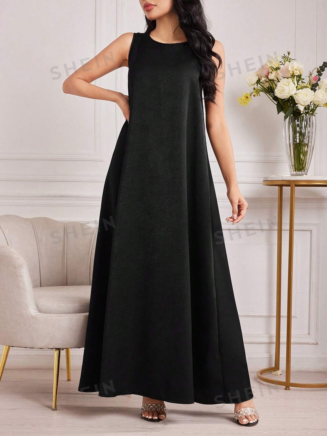

Najma Женское платье, однотонное, с расклешенным краем Shein, черный