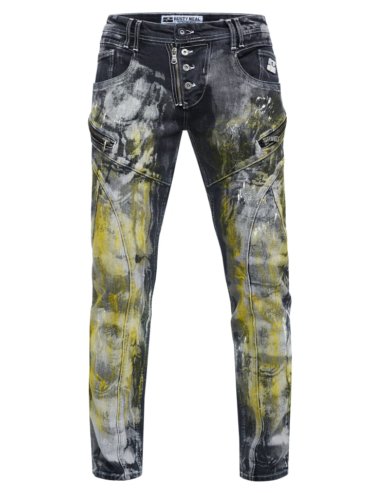 

Джинсы брюки "MORI" облегающего кроя (THE FINAL BOSS) черного цвета с желтой потертостью Rusty Neal