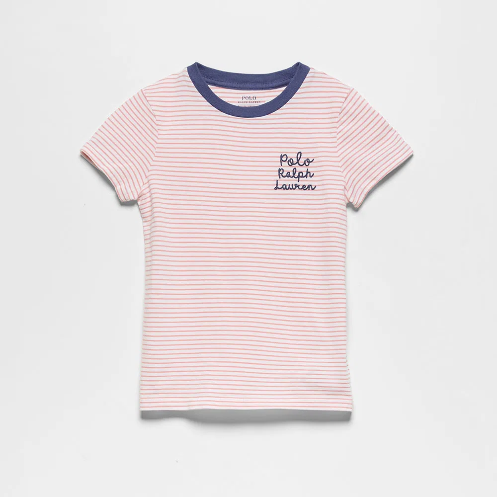 Детская хлопковая футболка в полоску с логотипом розового цвета от Polo Ralph Lauren Children