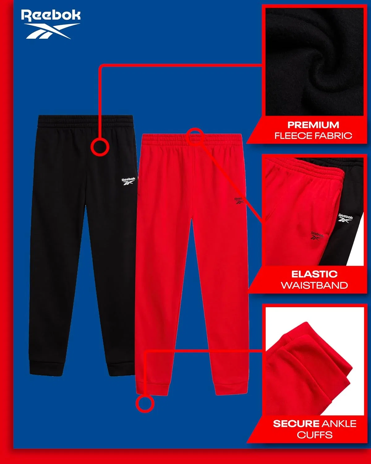 Спортивные штаны Reebok для мальчиков - комплект из 2 штук, из высококачественного флиса, с эластичным поясом, для малышей и детей, черный/красный — фото 2