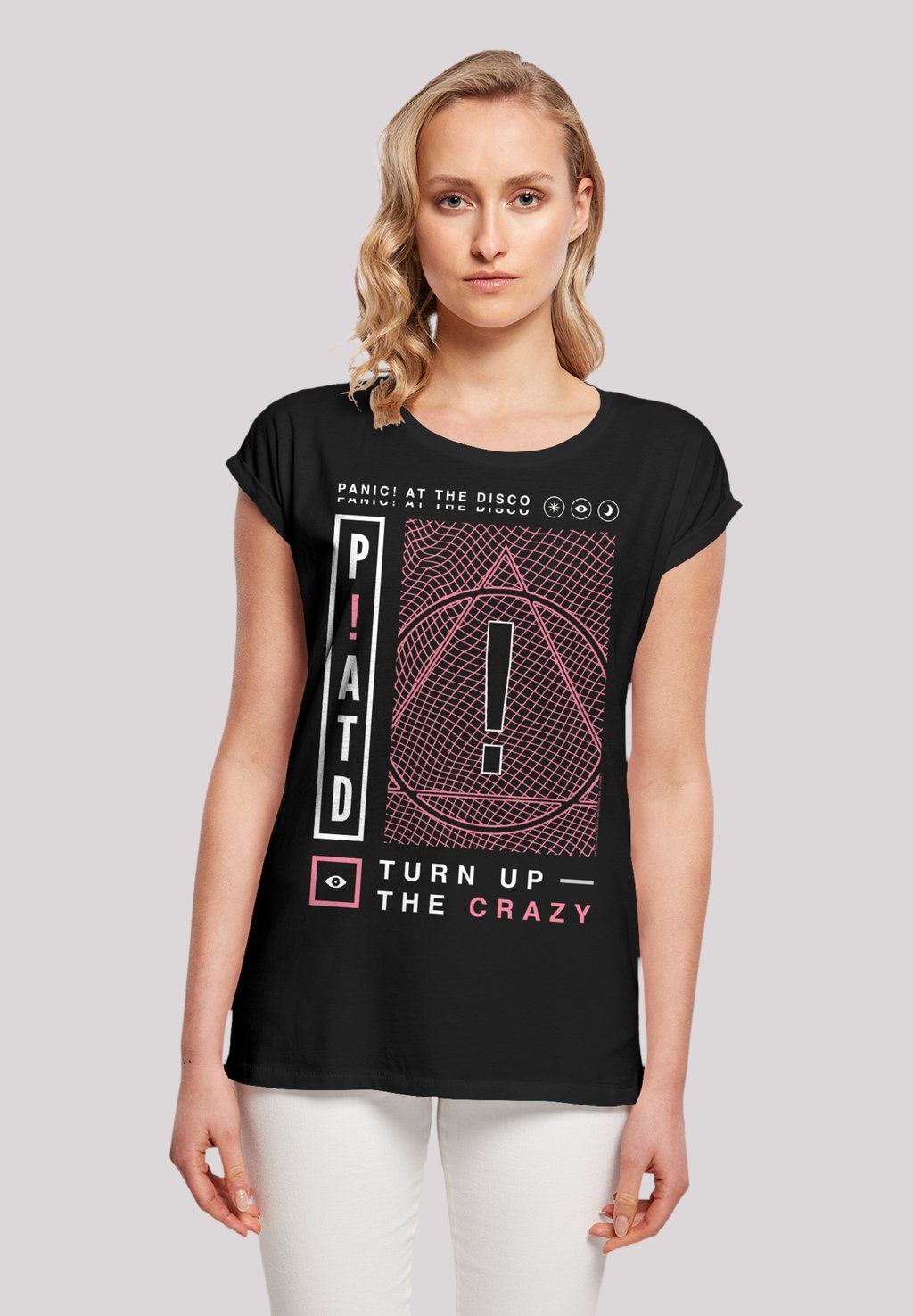 

Футболка с принтом PANIC AT THE DISCO TURN UP THE CRAZY F4NT4STIC, черный